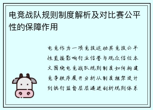 电竞战队规则制度解析及对比赛公平性的保障作用